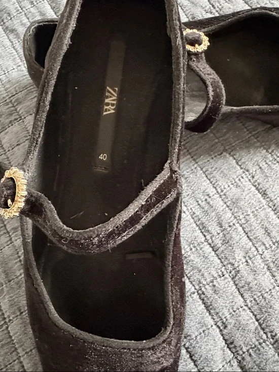 Zara Black Velvet Mary Jane Flats with Gold Decorative Buckle - Picture 2 of 3